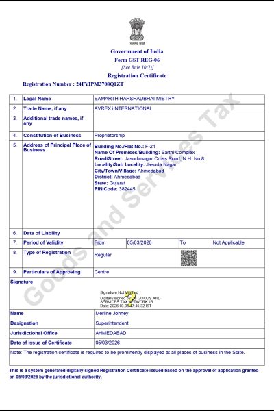GST CERTIFICATE AVREX
